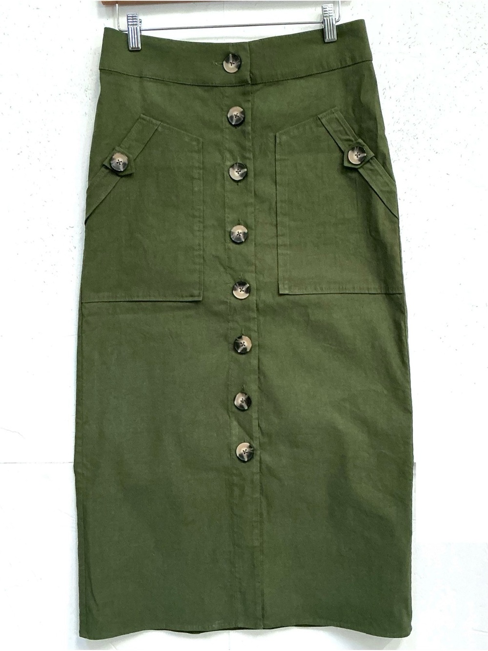 Maeve Olive Button Front Midi Skirt S